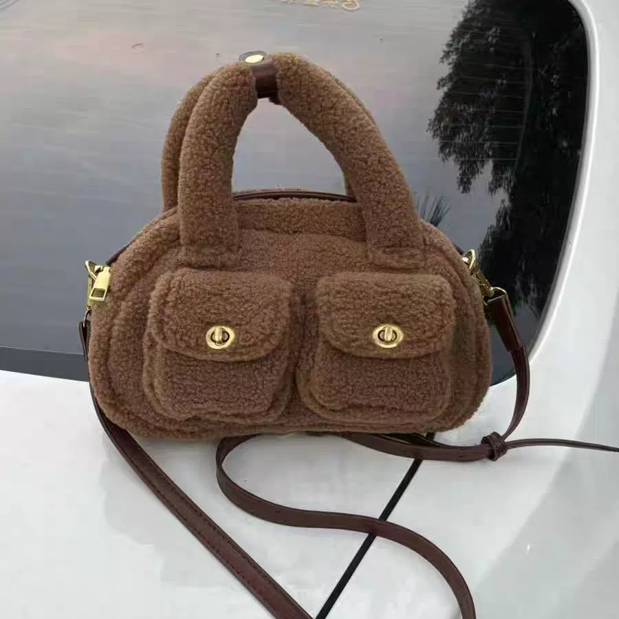 

Retro Solid Color Plush Handbag Women's Double Pocket Design Shoulder Bag Winter Boston Bag Fashion Bowling Ball Plush Wallet