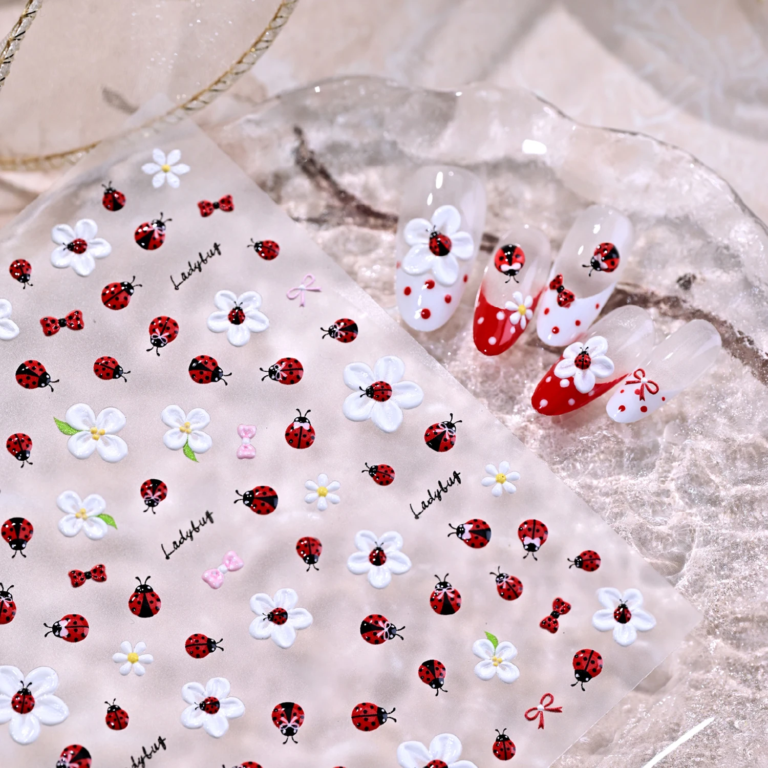 1Pcs 5D Embossed Ladybug Flower Nail Stickers Red Beetle White Floral Adhesive Nails Decals for Spring Summer Manicure Decor nk