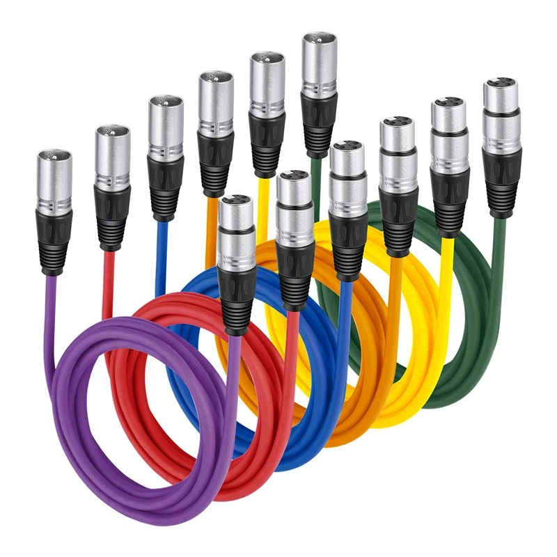 Balanced 3 PIN XLR Male To XLR Female Microphone Cable (10 Feet, Multicolor 6-Pack) Mic Microphone Extension Cable