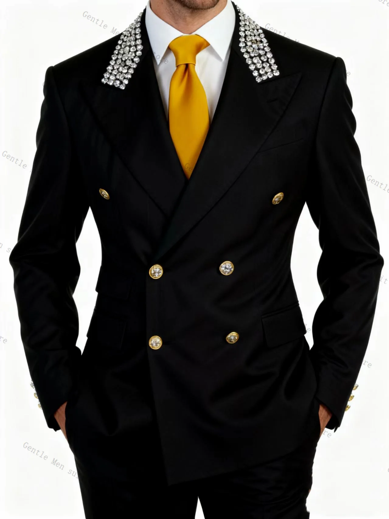 블랙 크리스탈 남성 정장 세트 2피스 블레이저+면바지 고급 웨딩 턱시도 포멀 오피스 재킷 코트 맞춤 제작