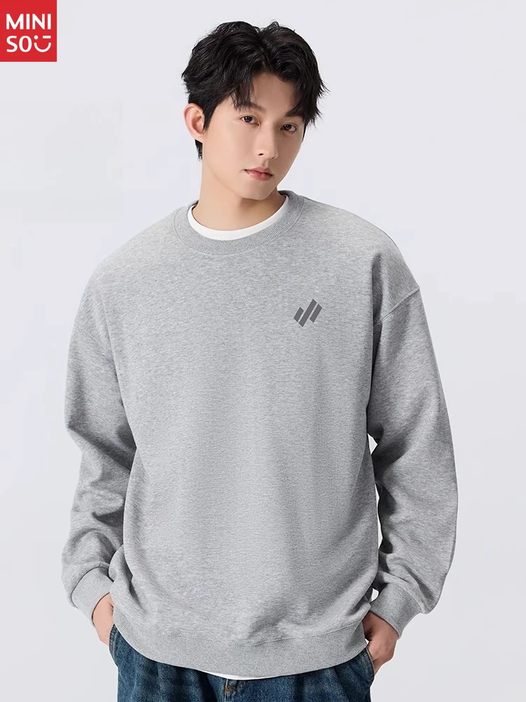 

MINISO Hemp Gray Sweater Men's Spring and Autumn Round Neck High Street Heavy Simple Japanese Pullover Trendy
