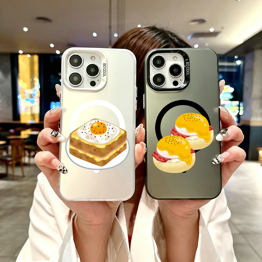 Cute Food Breakfast Cartoon Case For iPhone 17 Air 16 16E 15 14 PLUS 13 12 11 Pro Max Silver IMD Magsafe Wireless Charge Cover