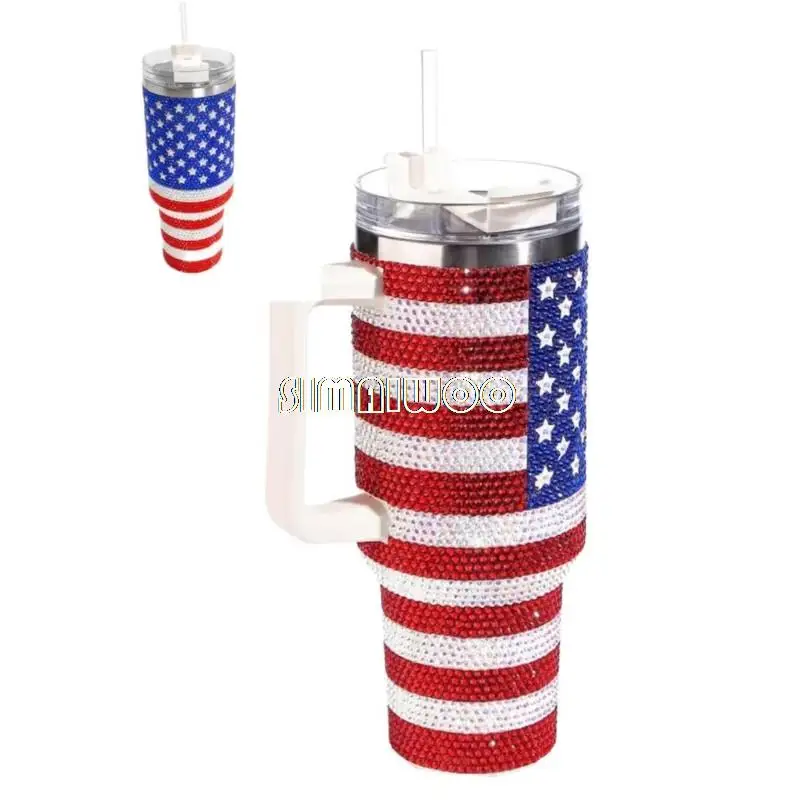 40oz Handle Rhinestone Cup US Flag Design Car Portable Double Layer Ice Drink Straw Vacuum Thermal Insulation Handmade Gift