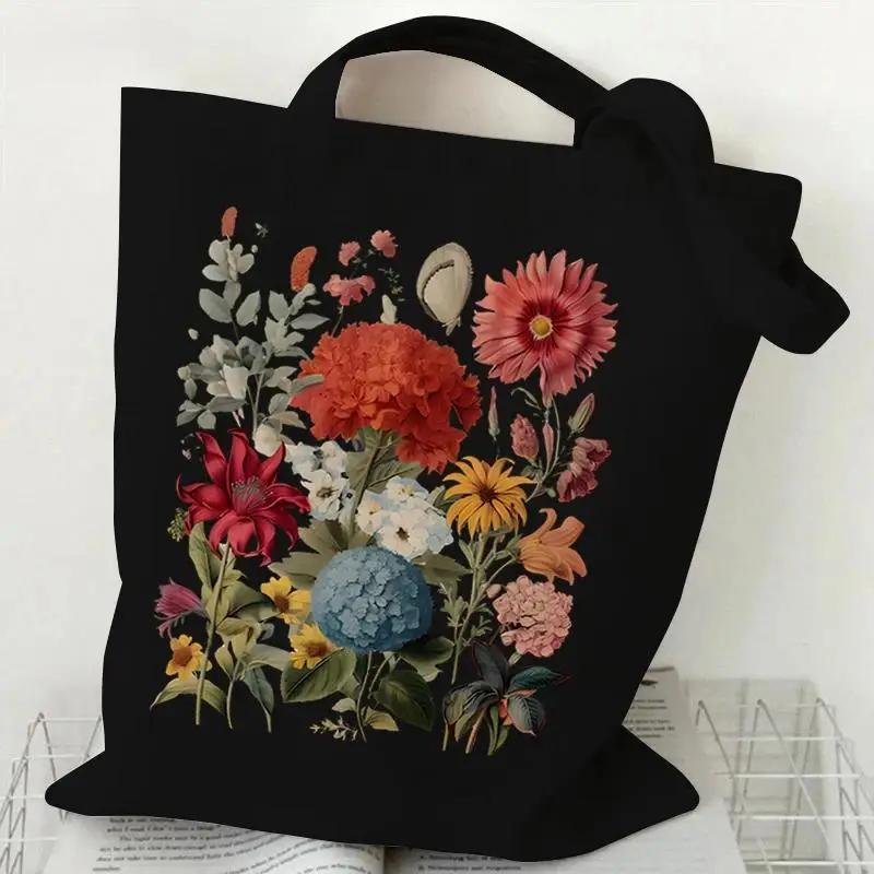 

Сумка-тоут в стиле бохо, черная, винтажная, с цветочным принтом, из холщовой ткани, с ретро-дизайном букета цветов, эстетичная, многоразовая, на плечо, для женщин, для шопинга