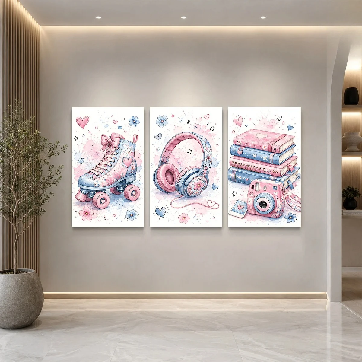 Frameless canvas 2D Flat 3PCS - Roller skates headphones books and camera with hearts and flowers Themed Canvas Wall Art, Wat