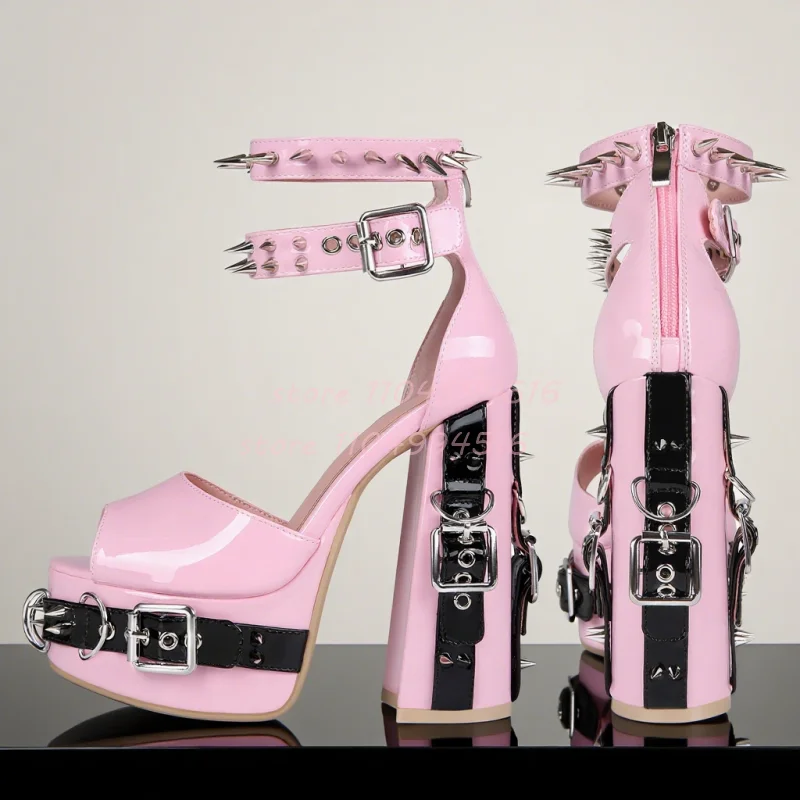Rivet Belt Buckle Platform Pumps Women Open Toe Ankle Strap Chunky Heel Sandals Gothic Hot Chic Heels 2025 Lady Sexy Party Shoes