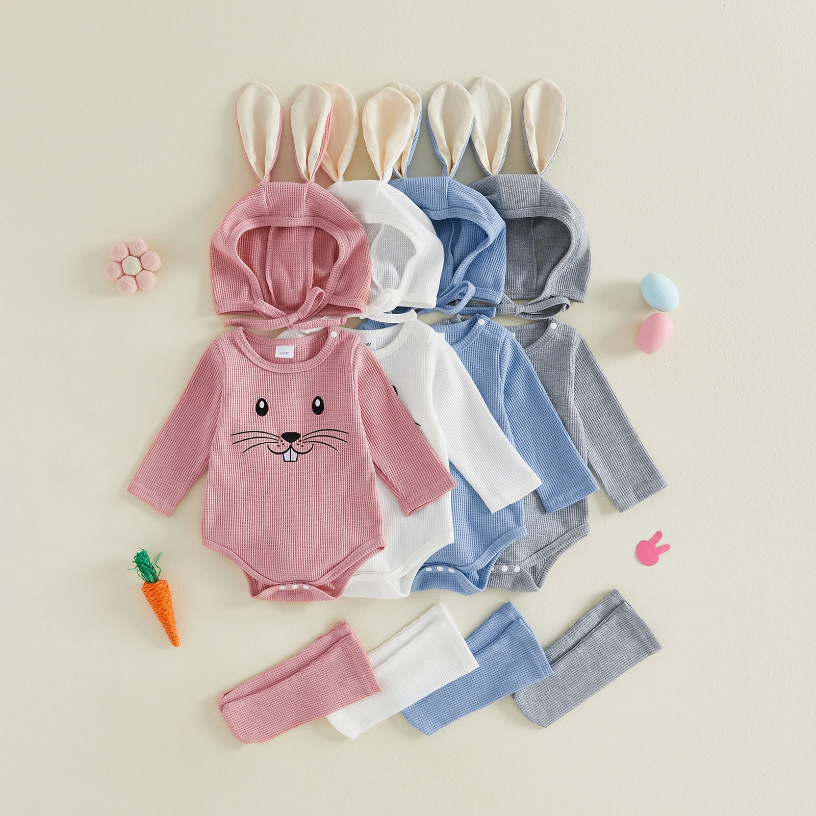 

Baby Easter Clothes Long Sleeve Crew Neck Embroidery Rabbit Romper with Hat Socks for Boys Girls