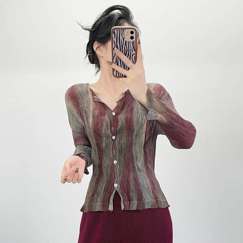 

Miyake Pleated Top High Quality Solid Color Wicker Cardigan Long Sleeve Autumn New Casual Pleated Shirt for Women
