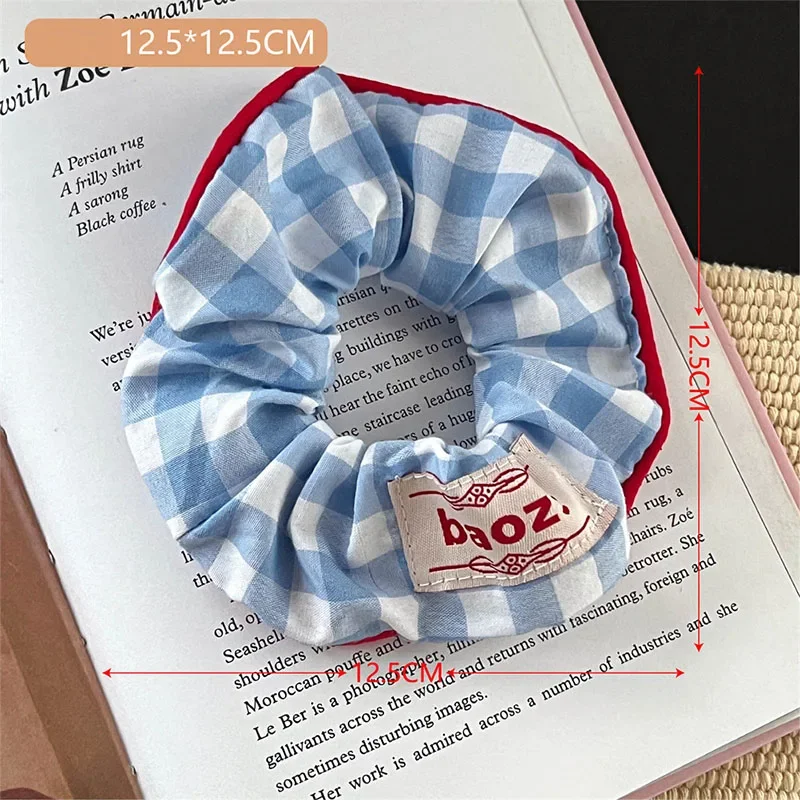 New Scrunchies Blue Plaid Grid Hair Band Red Hem Large Size Hair Tie Sweet Cute Elastic Rubber Band Women Hair Accessories