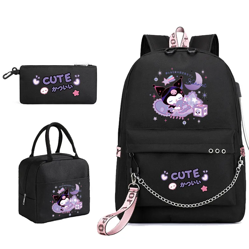 

New Sanrio Kuromi Cartoon Printed Pattern School Bag Lunch Bag Pencil Bag Three-piece Set Backpack School Bag Gift