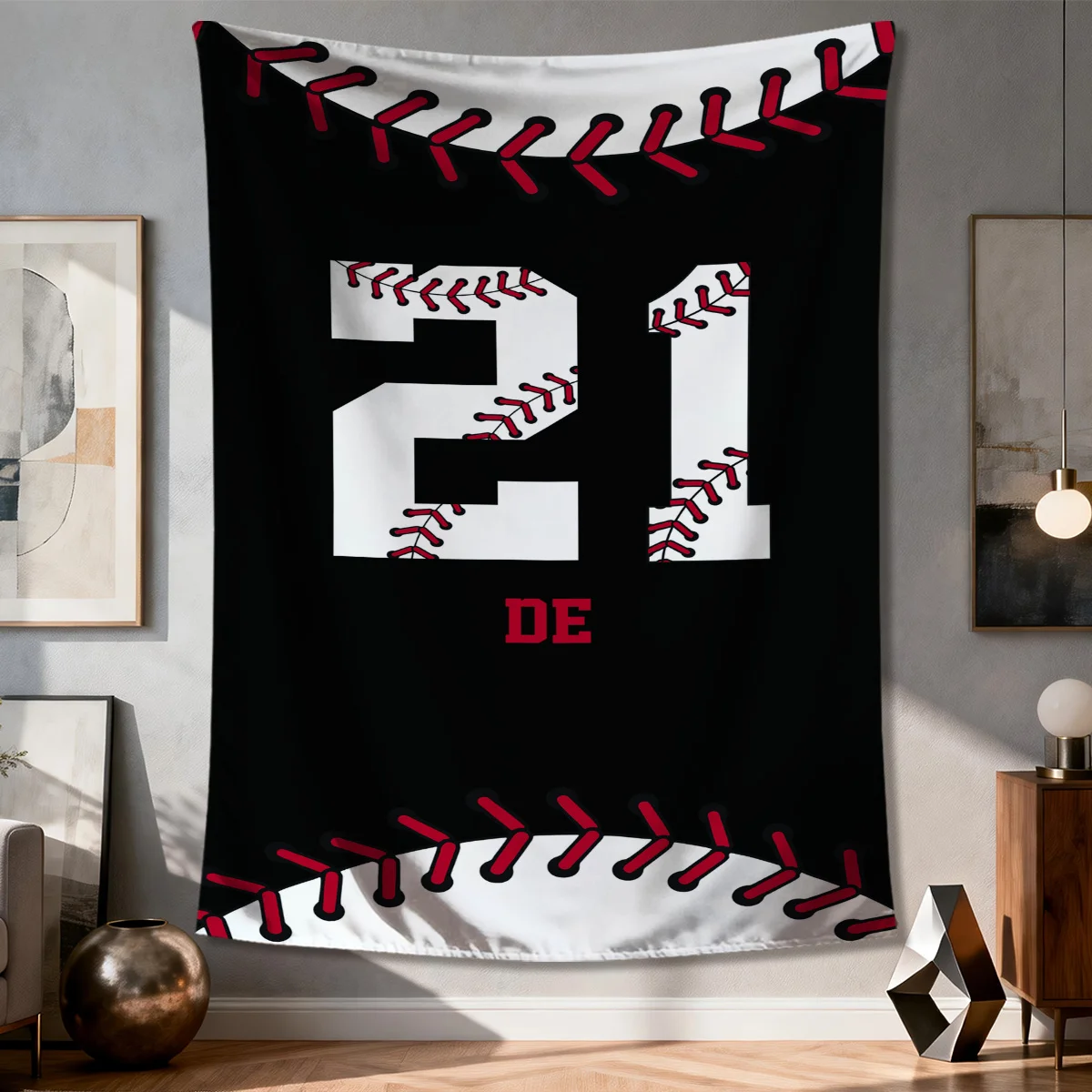 Varsity Baseball Tapestry Wall Decor Man Cave Sports Fan Gift Number 21 Stitching Black Red Background 150x300cm