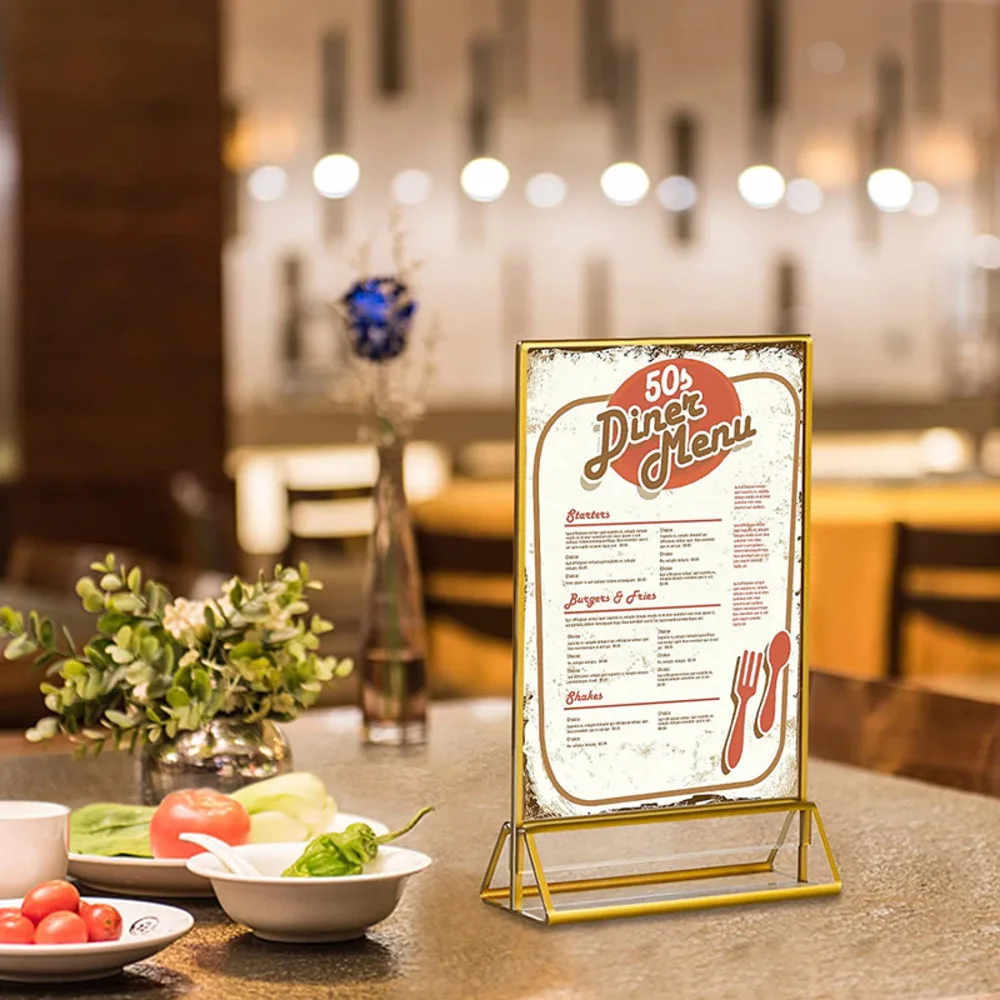 Clear Table Acrylic Sign Holder Stand Restaurant Menu Picture Photo Paper Frame Golden Border Wedding Table Place Number Stand