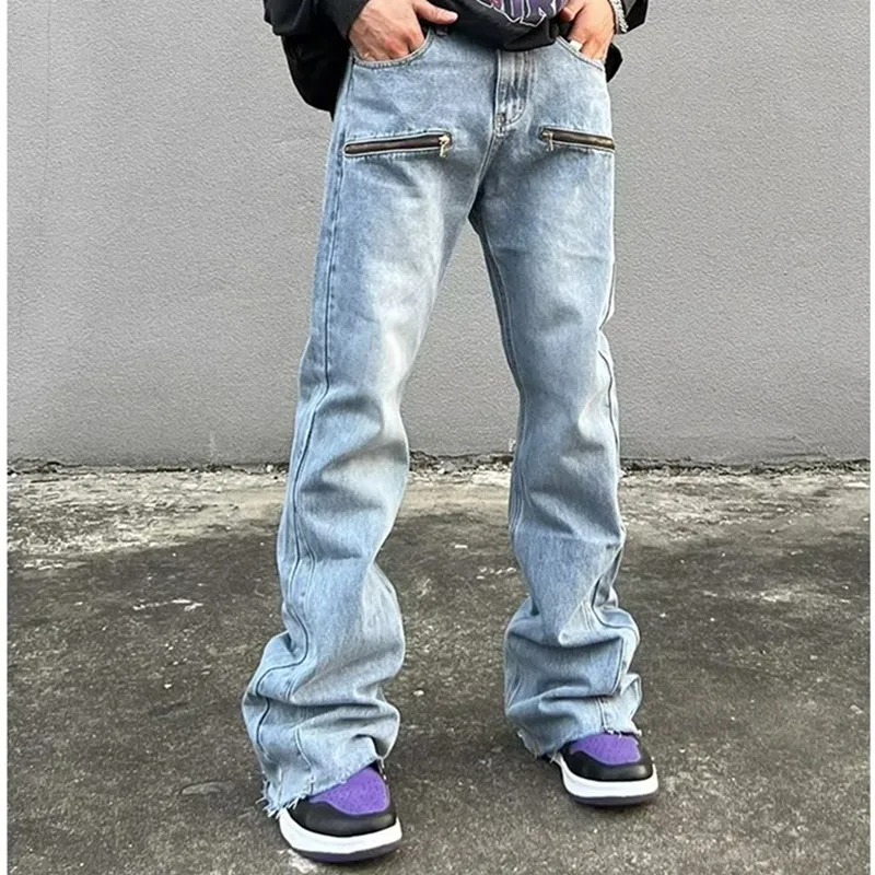 2023 Y2K Fashion Zipper Retro Washed Baggy Flare Jeans Pants Men Streetwear Hip Hop Wide Leg Straight Denim Trousers Ropa Hombre