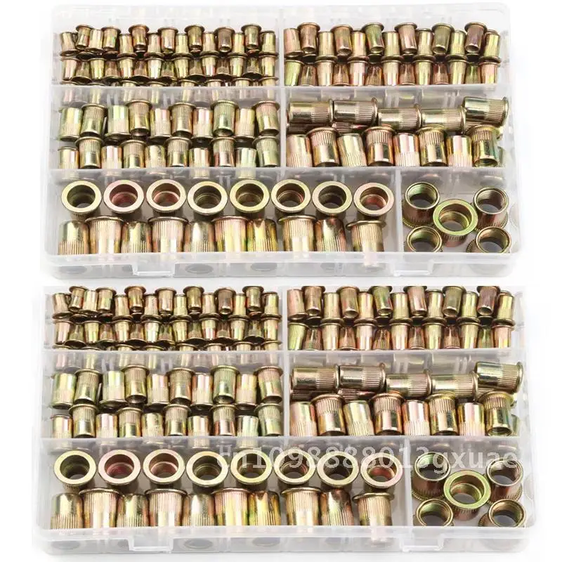 210/165/100 Uds caja tuercas de remache de acero al carbono M4 M5 M6 M8 M10 Hardware varios tamaños M12 tuercas de cabeza de remache juego de insertos de tuercas de remache planas
