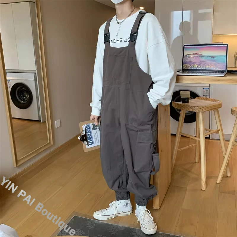 Suspenders Jumpsuit Pants Men Autumn Overalls Japanese Loose Straps Casual Pockets Unisex Oversize Streetwear Solid Man Clothing