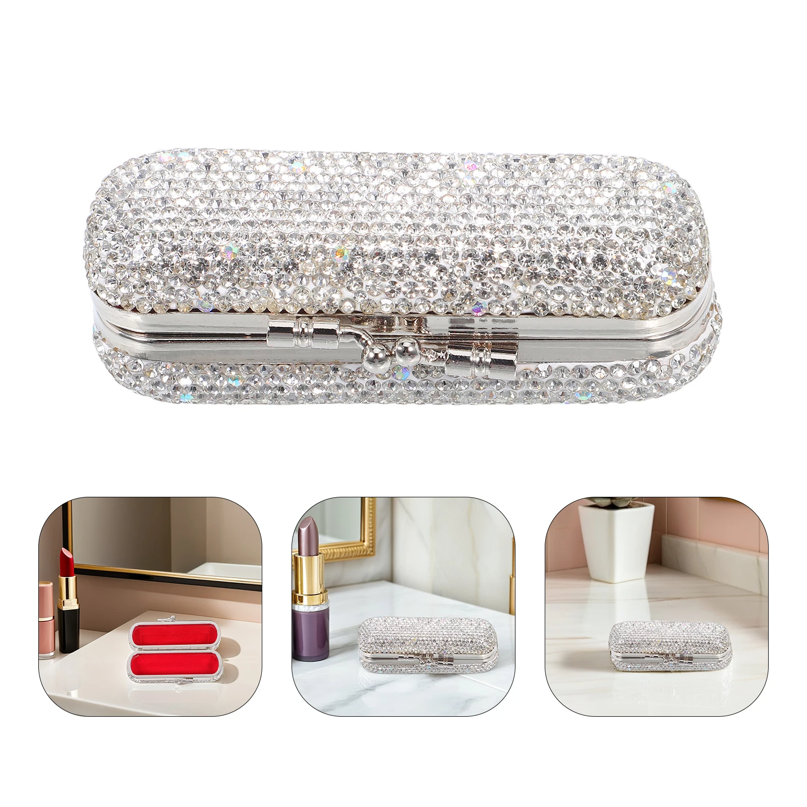 

Mini Rhinestone Lipstick Case Storage Box Holder Organizer Travel Portable Makeup Bag Silver For Purse Lightweight Protection