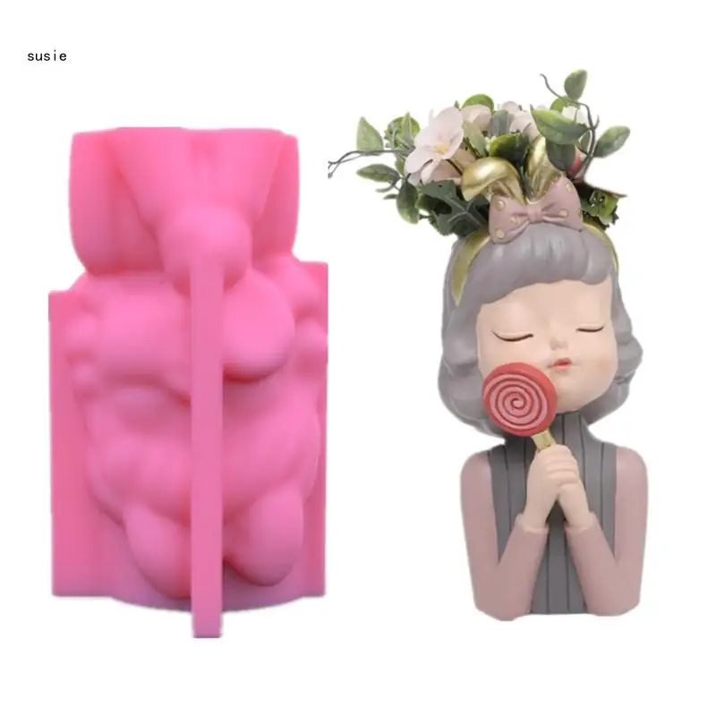 

X7YA Sweet Girl Silicone Mold Diy Succulents Concrete Flower Pot Vase Plaster Cement Mold Clay Mold Holder Mold