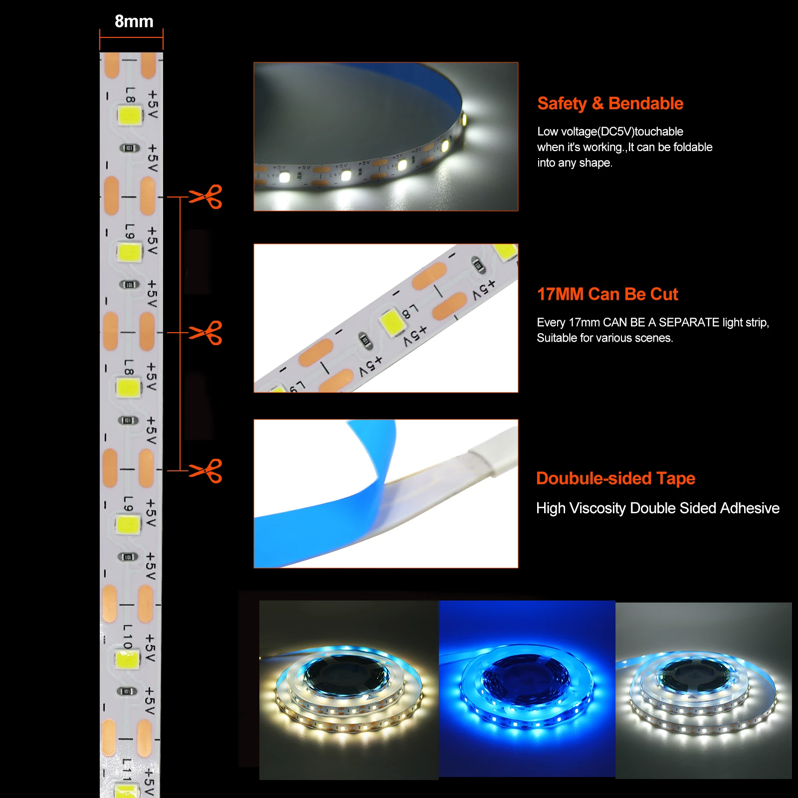 Tira de luces LED con batería SMD 3528, 5V CC, 60LED/m, iluminación trasera de TV, decoración de habitación, cuerda de Ribbbon Flexible, 0,5 m, 1m,