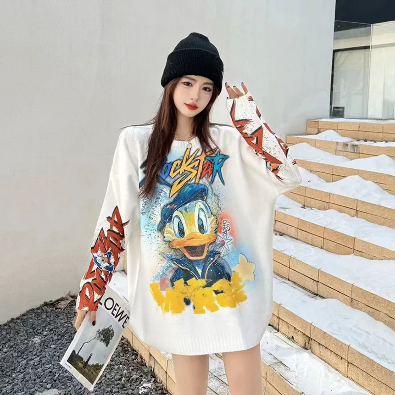 Nova chegada das mulheres disney mickey mouse oversized camisola branca-all-over cartoon gráfico na moda casual manga longa pulôver