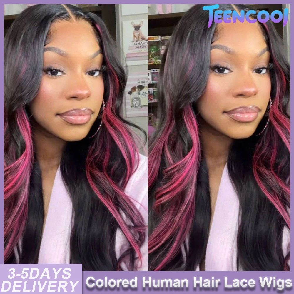 

P1B/Rose Red 13x6 HD Transparent Lace Front Wig 200% Density Body Wave Highlight Wig Human Hair Rose Red And Purple Colored Wigs