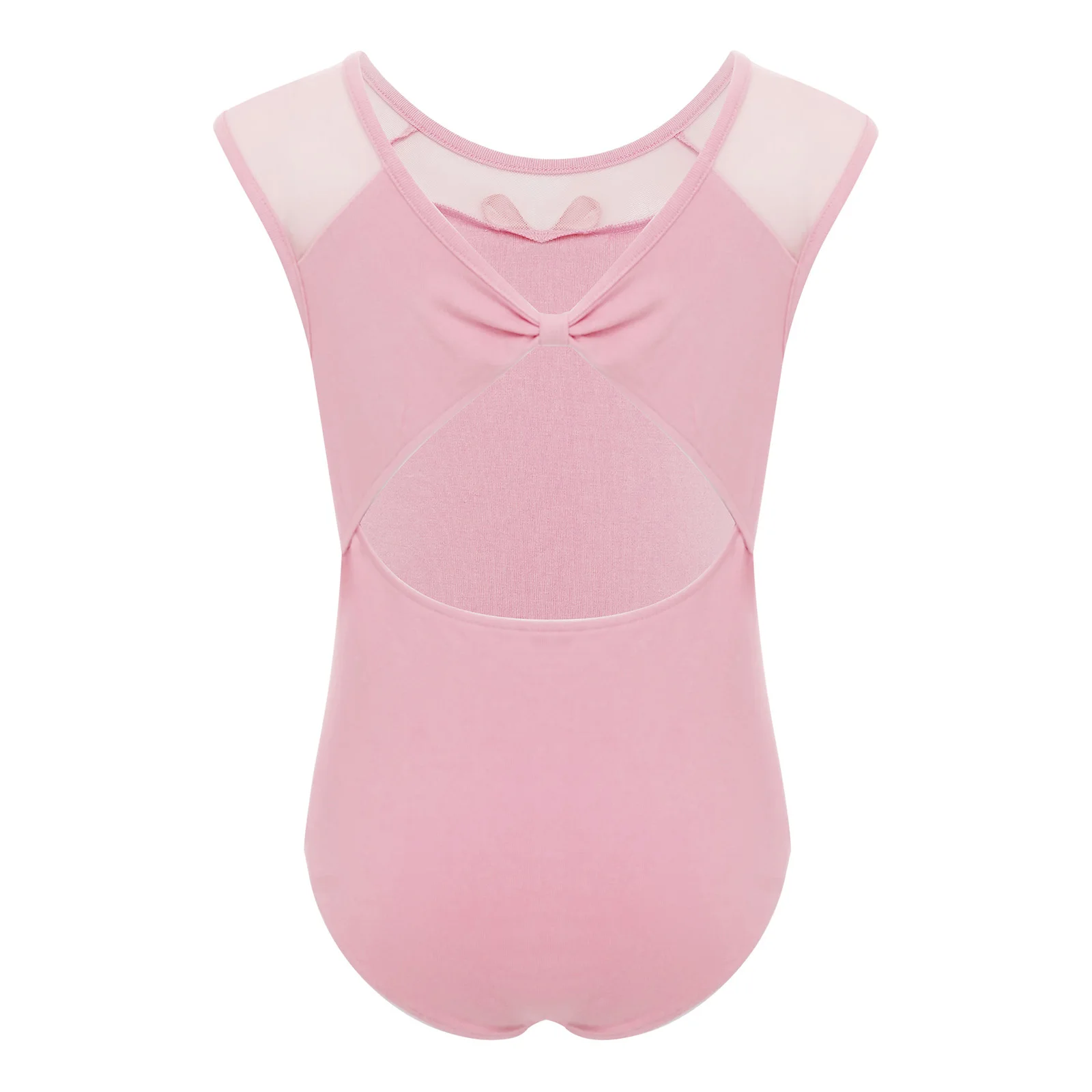 ชุดบอดี้สูทเด็กผู้หญิงสำหรับยิมนาสติกและบัลเลต์ แบบผูกโบว์เว้าหลัง ผ้าตาข่ายโปร่งแสง ชุดจั๊มสูทสำหรับเต้นรำ ชุดแสดง