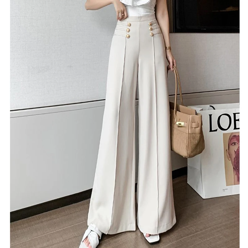 Korean Fashion Vintage Office Lady Elegant Wide Leg Pants Women Solid High Waist Straight Trousers 2023 Autumn Winter Pantalones