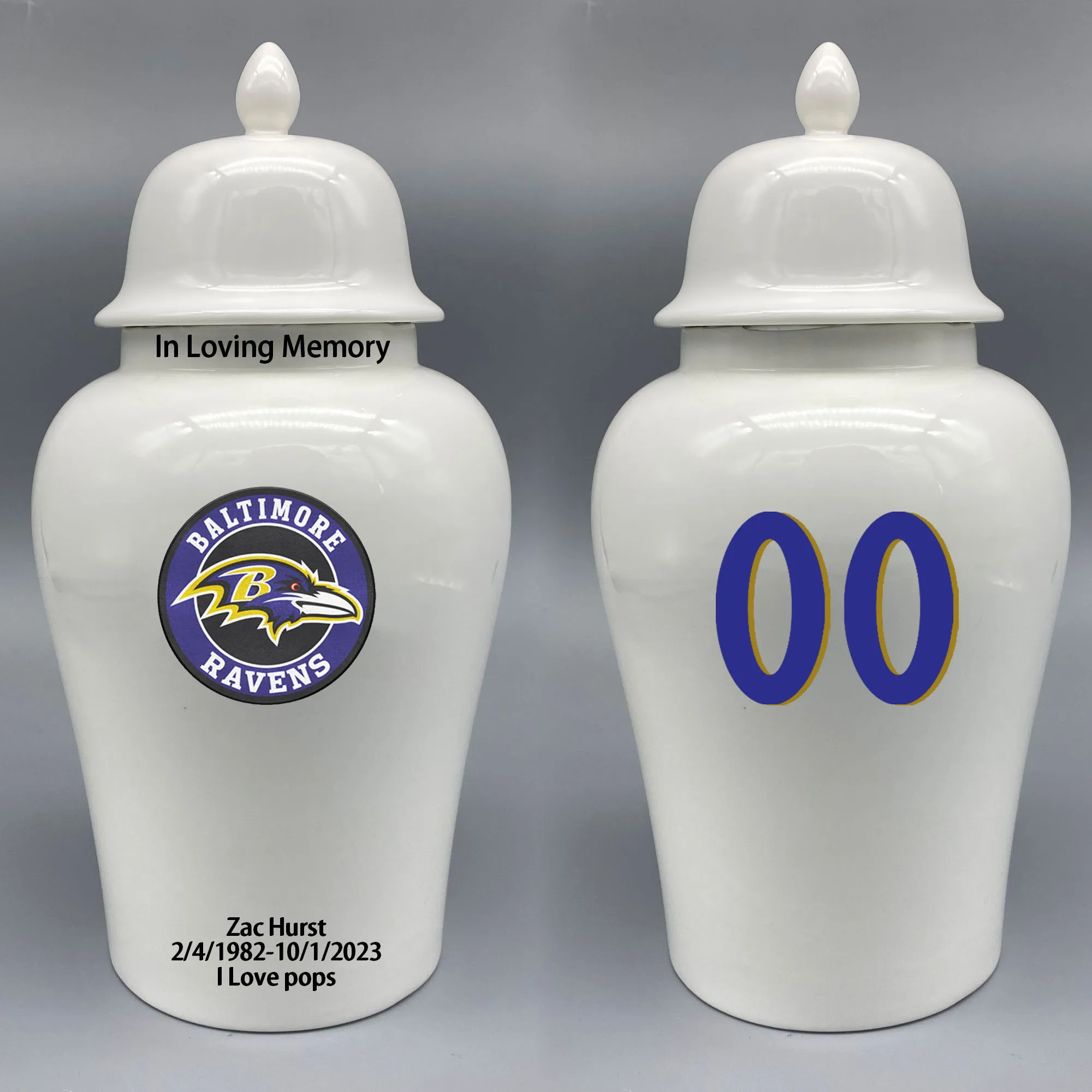 Large Urn for Baltimore Ravens-themed Logo Urn.Please send me the customize information-name/date and number on the urn