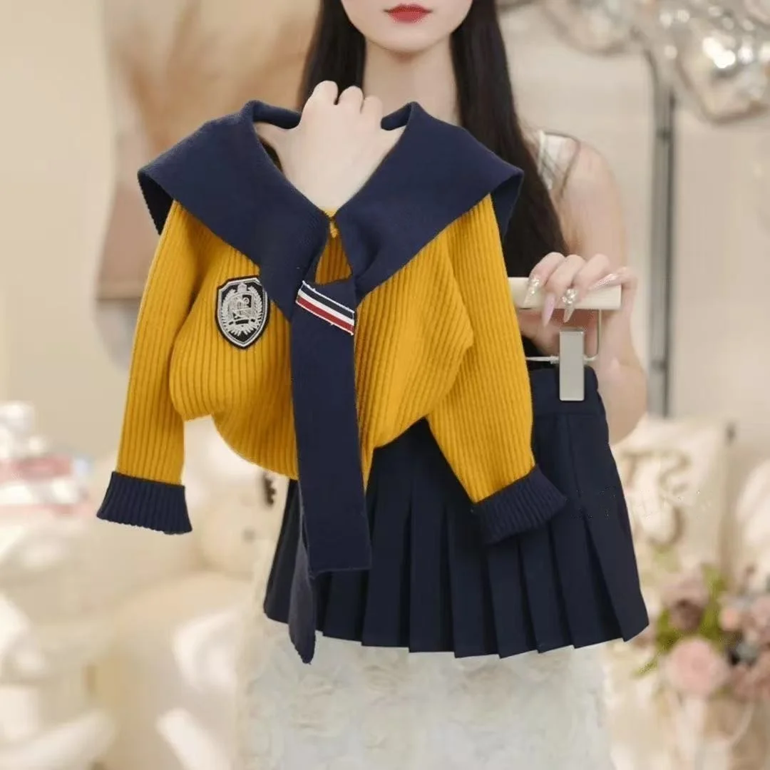 Girls' College Autumn Set 2026 Fashion New Children's Knitted Shawl Sweater Fold Skirt Two Piece Set