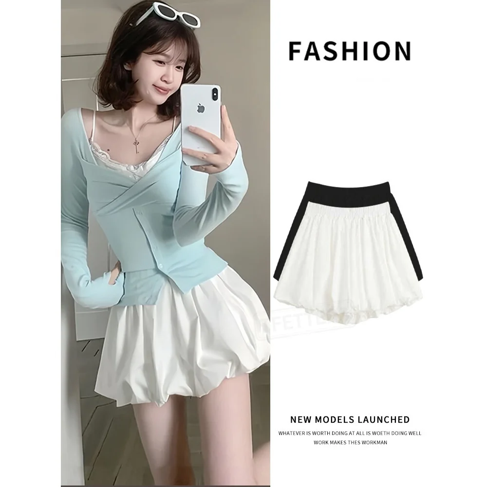 TFETTERS Women Summer Elastic High Waist Bubble Skirt Casual Puff Mini Skirt Sweet A Line Balloon Short Skirt Daily Streetwear