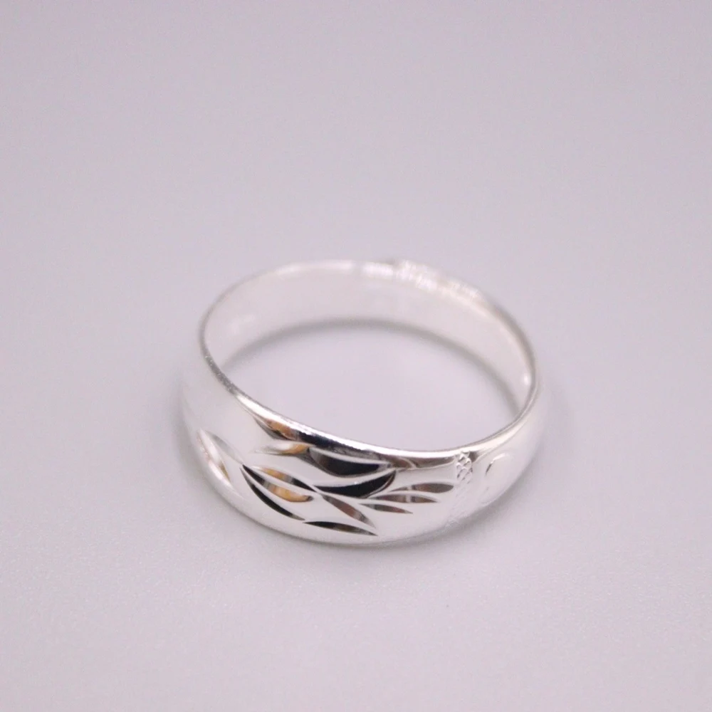 Real Pure 999 Fine Silver Band Men Women Lucky 7mm Carved Pattern Leaf Ring 3.2g