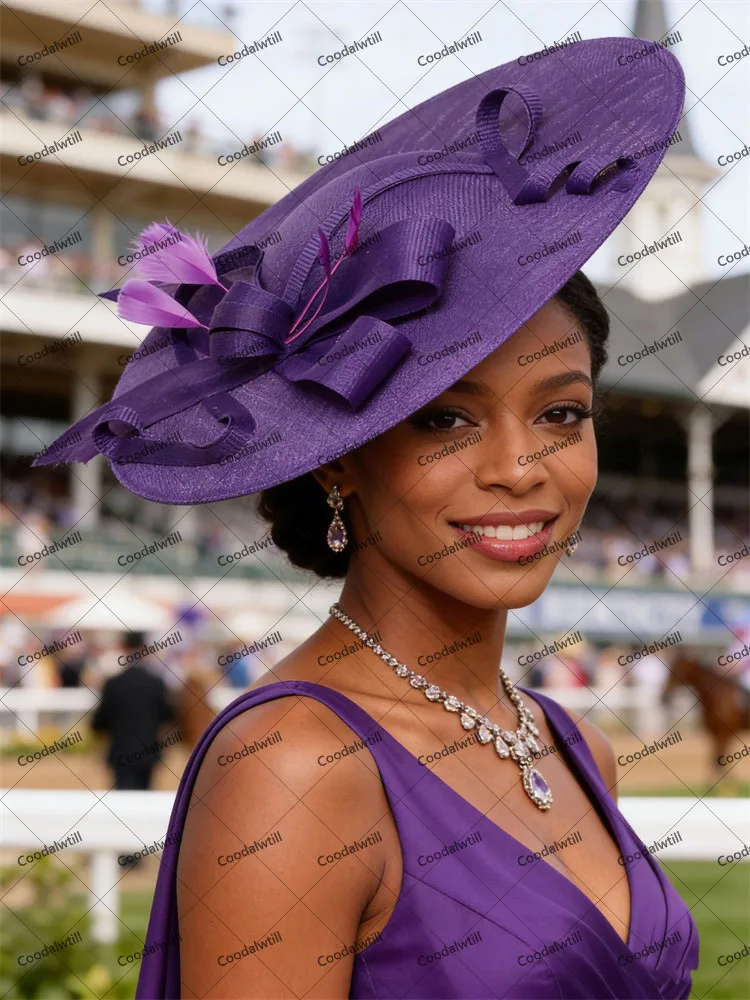 

Большая фиолетовая королевская шляпа-волшебница Ascot, женская и женская шляпа-дерби в Кентукки, очаровательная шляпа с перьями, вечерние чайные шапки