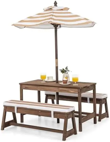 Kids Picnic Table, Outdoor Wooden Table & Bench Set w/Removable Cushions and Umbrella, Stripe Fabric, Children Backyard