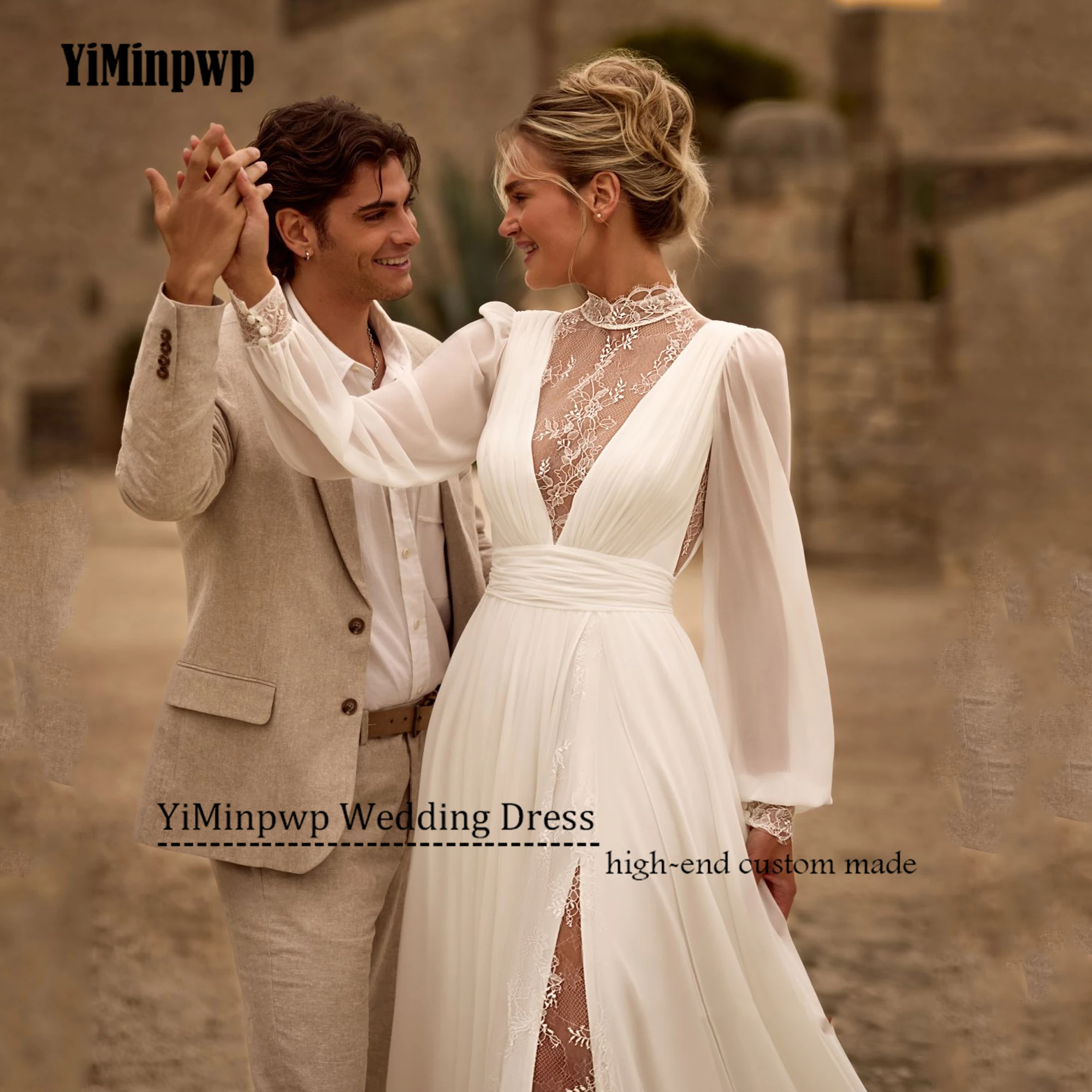 Customized Chiffon Boho A-Line Wedding Dress 2025 Bride Puff Sleeve Pleat Lace Bride Gowns Beach vestidos de novia Side Split