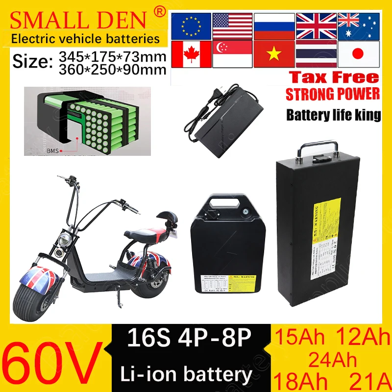 

60V, 12Ah, 15Ah, 18Ah, 21Ah, 24Ah, 18650 16S4P-8P, 1800W high power, high capacity, long battery life with 2A charger