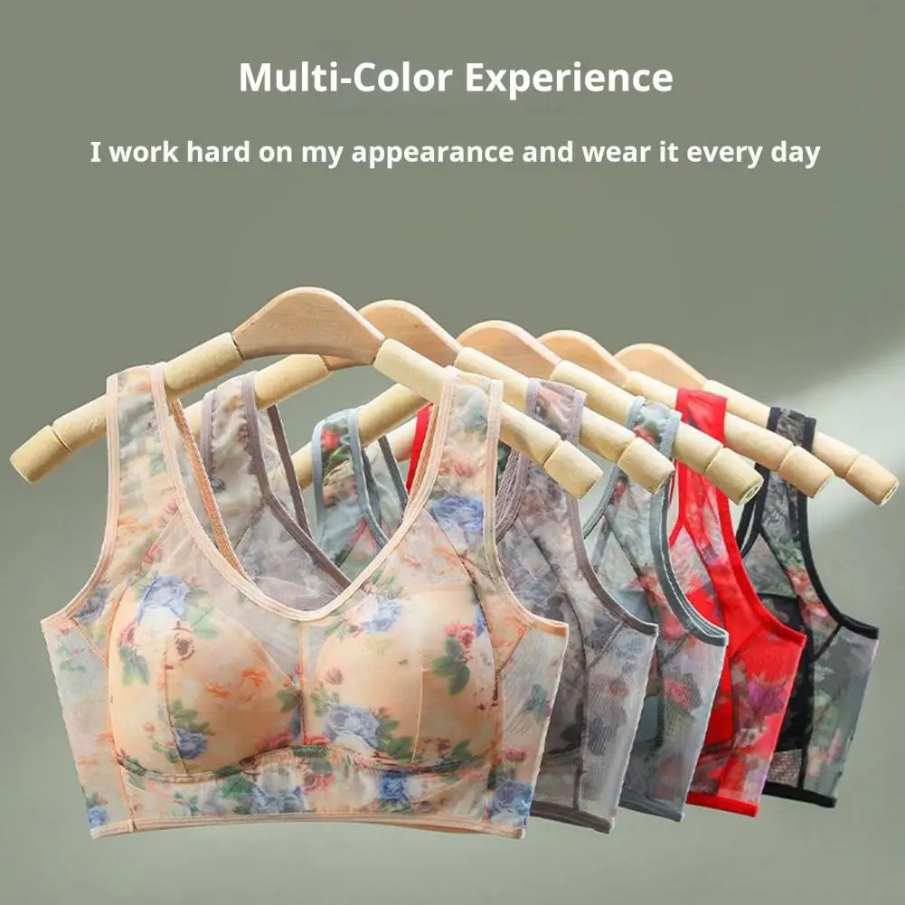 Floral Print Mid-aged Women Bra Plus Size Mother Bra with Wide Shoulder Straps Wireless Design Seamless Mother Bra Underwear