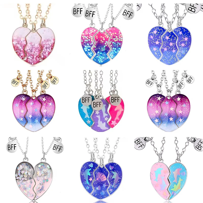 Collares de corazón de lentejuelas para mujeres y niñas, imán para atraer mariposa, estrella, BFF, cadena para clavícula, regalos de joyería de amistad, 2/3 Uds.