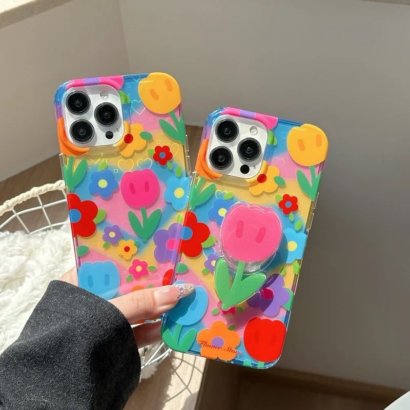 

Fashion Laser Love Heart Color Flower Painting Phone Case For iPhone 17 Pro 16 15 14 Pro Max Cover with Holder Cute Cases For Gi