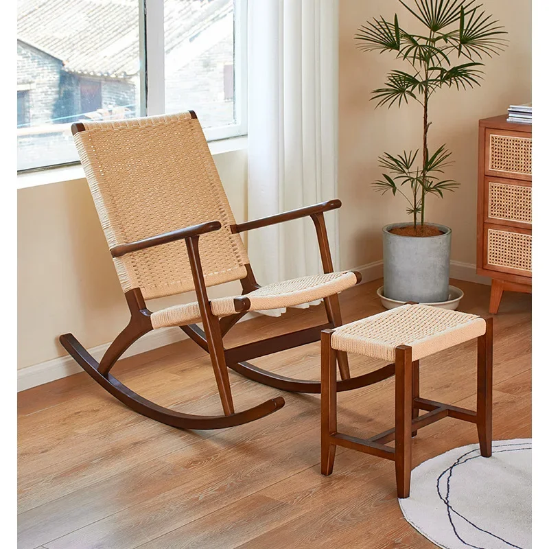 Solid wood high-back rocking chair rocking  Nordic rattan Japanese rattan chair solid wood reclining