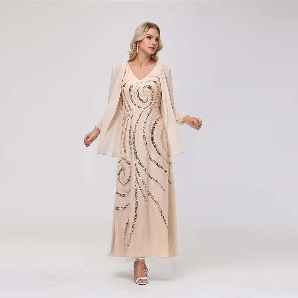 Robe mère de la mariée scintillante en mousseline de soie, personnalisée, exquise, Simple, robe d'invité de mariage scintillante, avec veste, longueur cheville, 2025