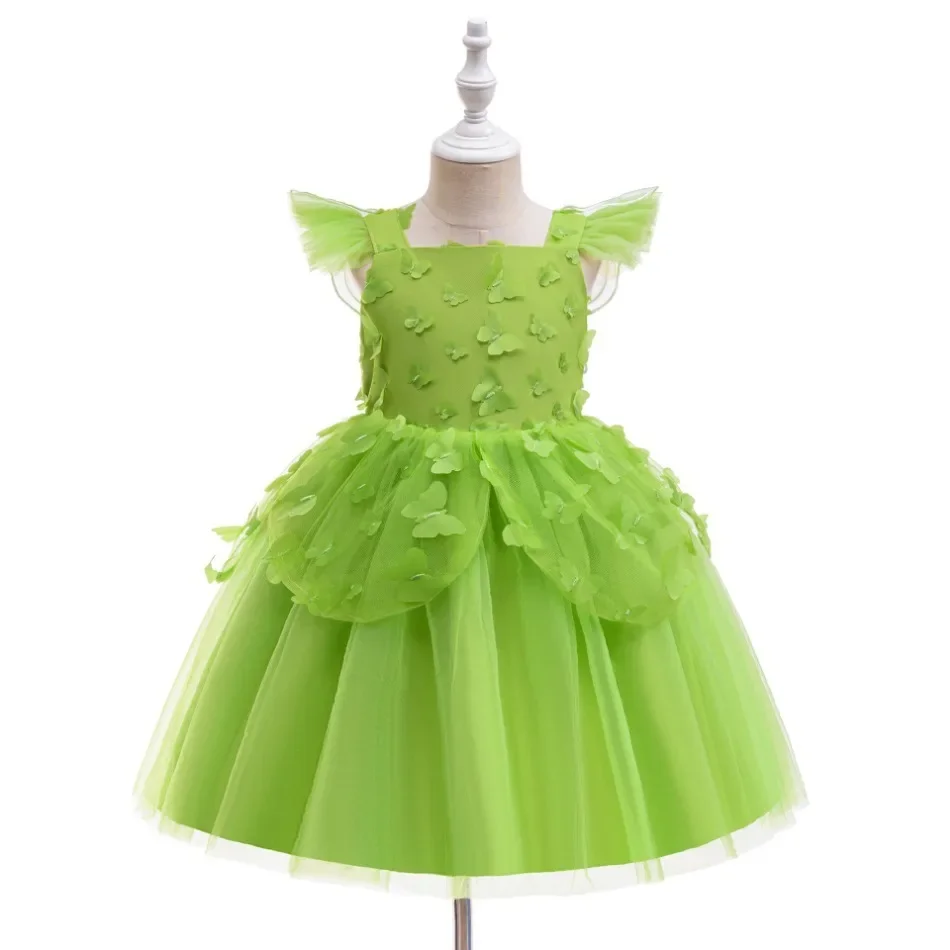 Carnival Girls 3D Butterfly Elf Green Fairy Princess Dress Tinkerbell Dress Children's Christmas Birthday Party Makeup Ball Gown