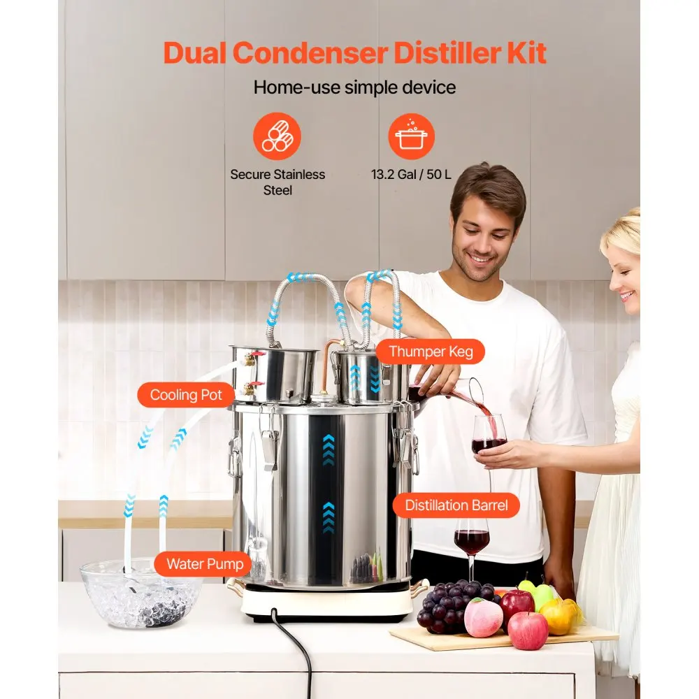 VEVOR Alcohol Still Stainless Steel Water Alcohol Distiller with Copper Coil for Fast Cooling, Dual Condenser Distiller Kit