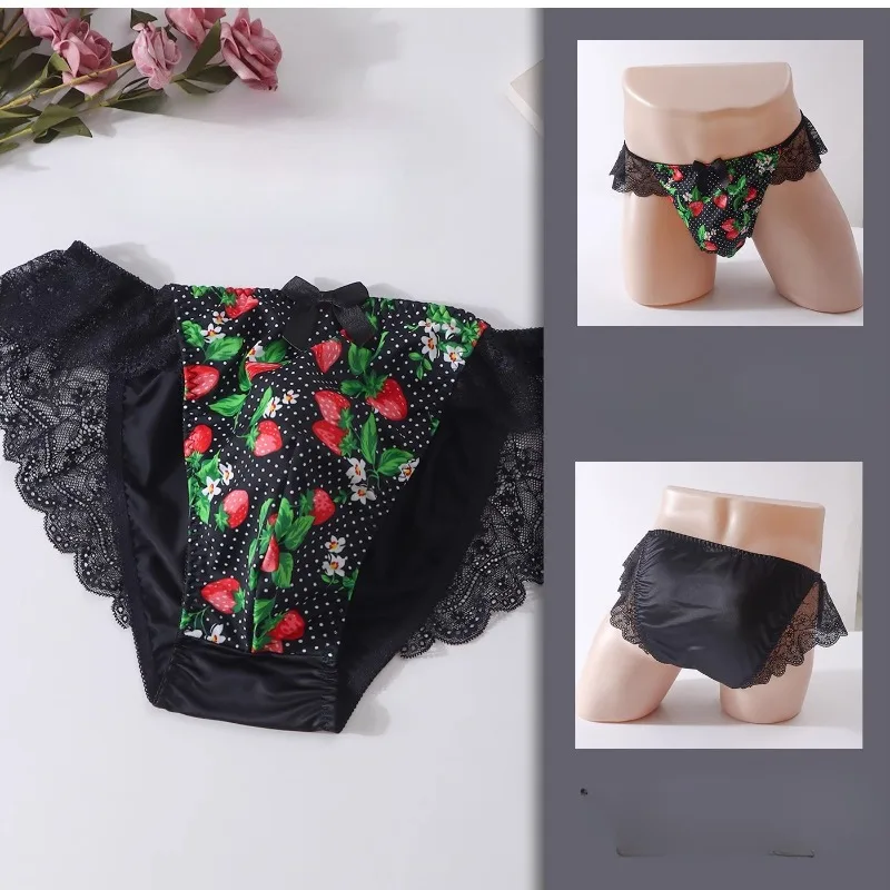New Black Strawberry Print Sexy Men's Panties Underwear Sissy Lace Bow Briefs Low Waist Soft Man Convex Pouch Underpants
