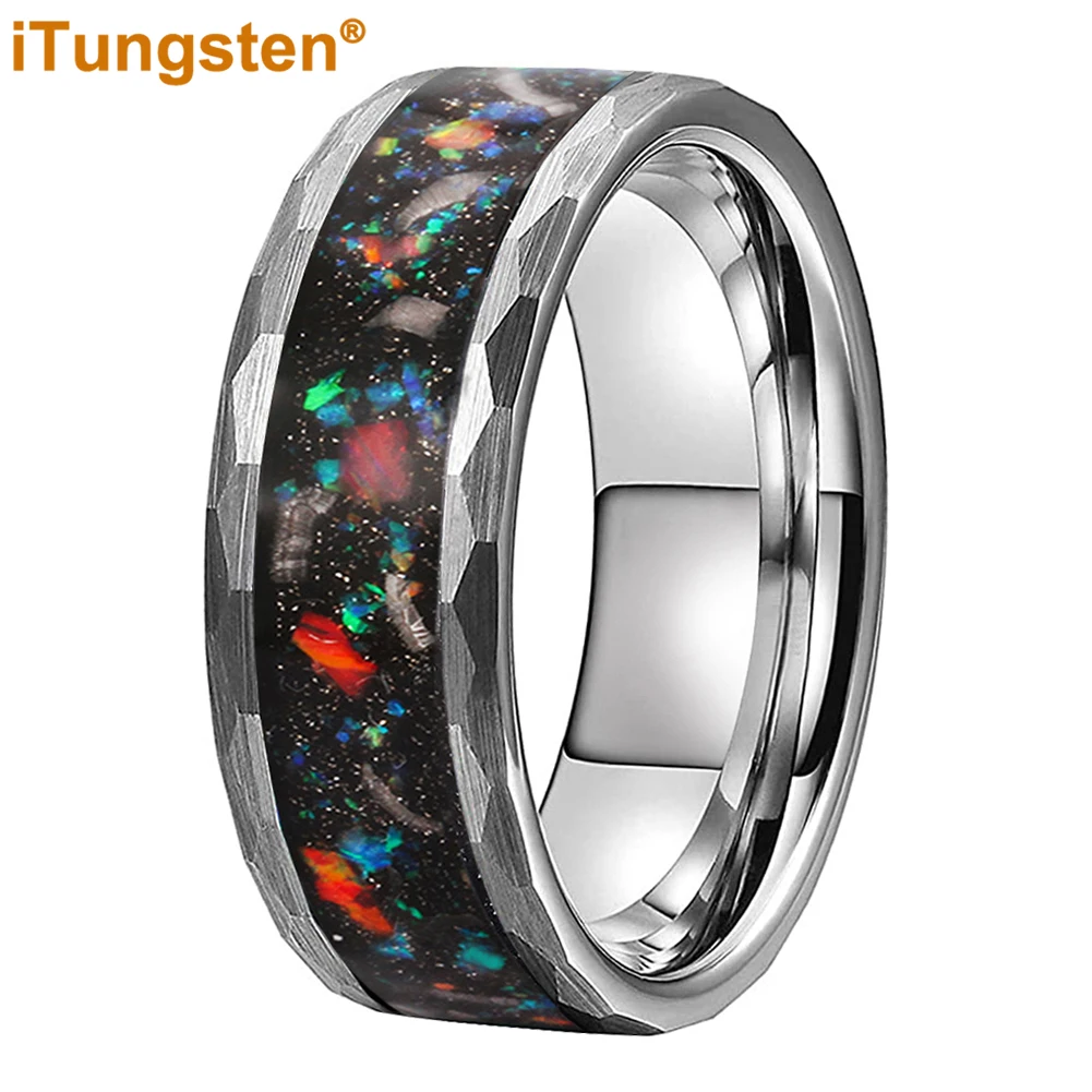 

iTungsten 8 мм черное кованое вольфрамовое кольцо для мужчин и женщин на основе пескоструйной обработки красочная опаловая инкрустация обручальное кольцо удобная посадка