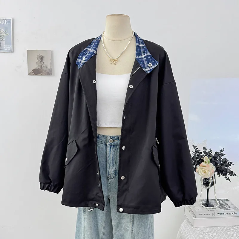 Retro patchwork plaid zipper workwear windbreaker jacket for women's spring new fashion loose and versatile casual coat