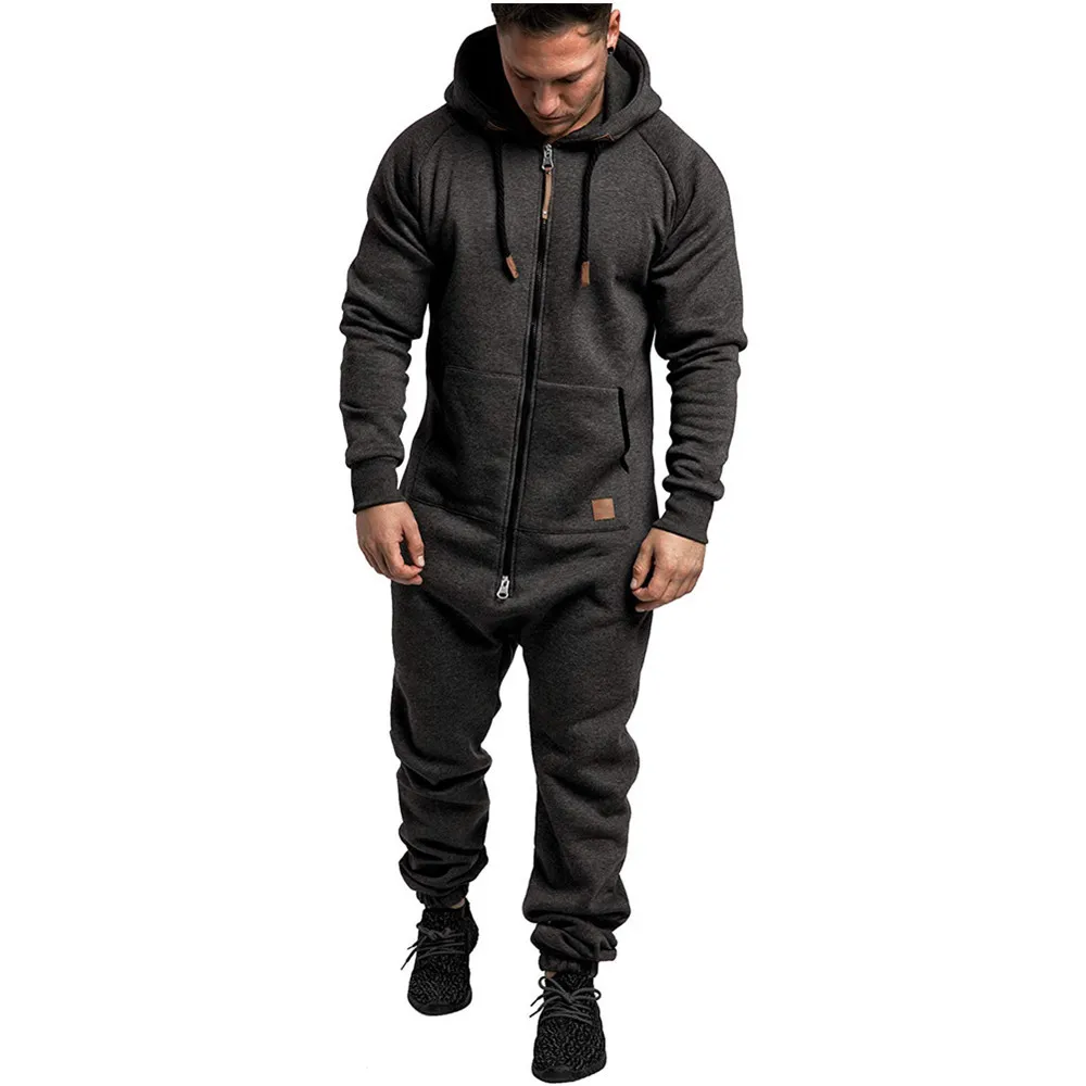 Men’ s Jumpsuit Solid Long Sleeve Hooded Fleece Playsuits Male keep warm Romper for Autumn and winter pantalones hombre