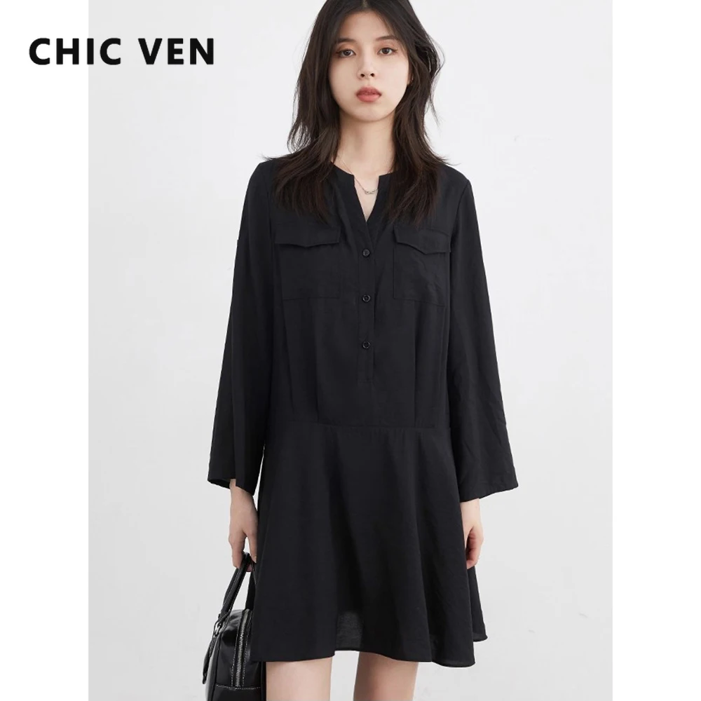 

CHIC VEN Women Shirts Single-breasted Solid Loose Casual New V-neck Female Straight Shirt Dress Spring Autumn 2025