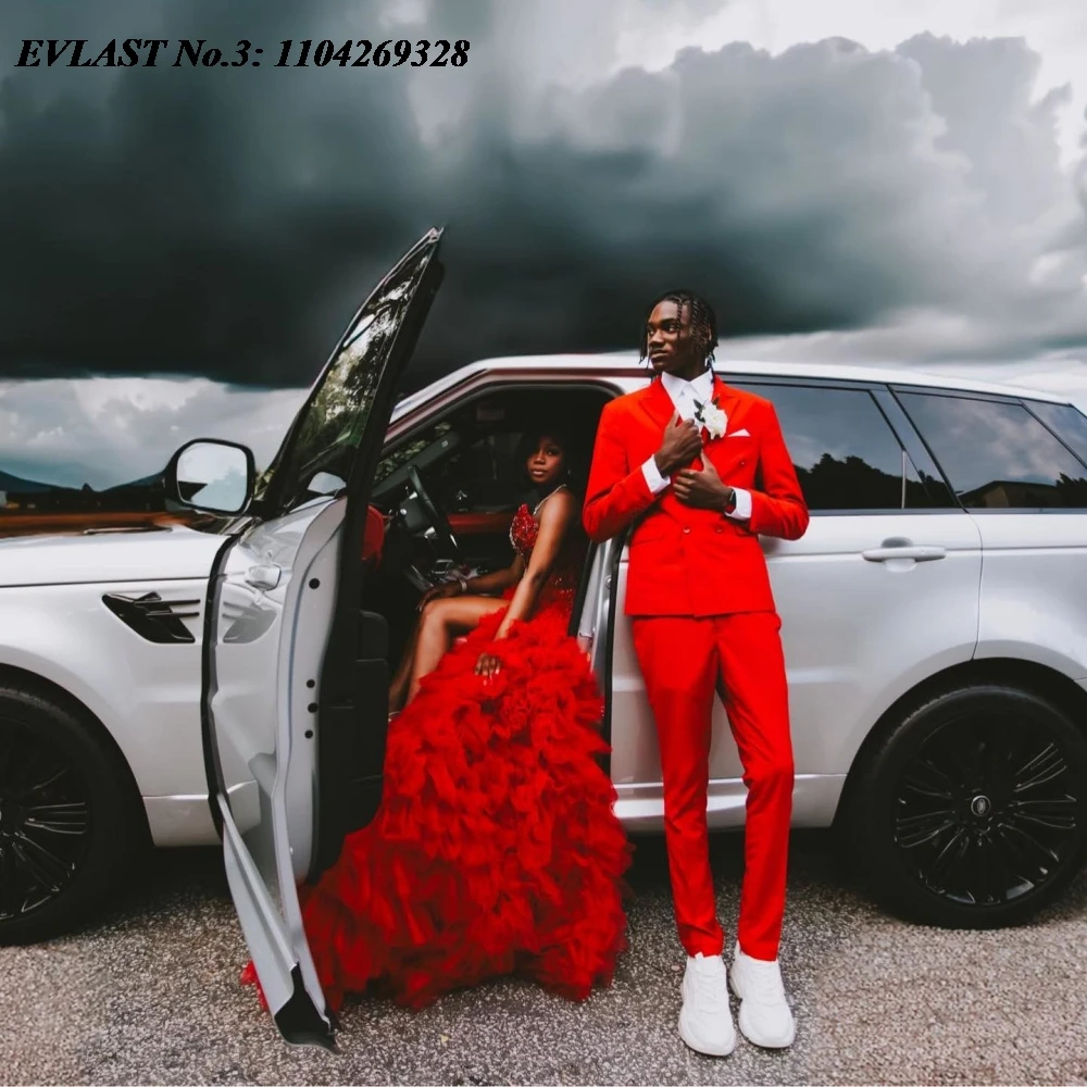 EVLAST Customized African Red Aso Ebi Mermaid Prom Dress High Slit Ruffles Crystal Beaded Evening Gown Robe De Soirée E3P527