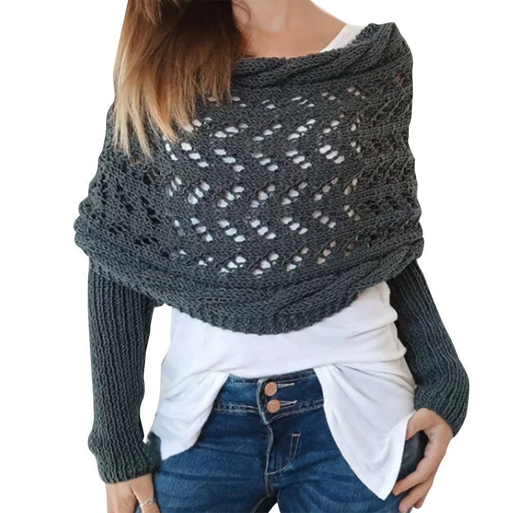 Trendy Multifunctional Scarf with Sleeves for Women 2024 Spring Autumn New Female Wrap Hollow Sweater Crochet Cocoon Shrug