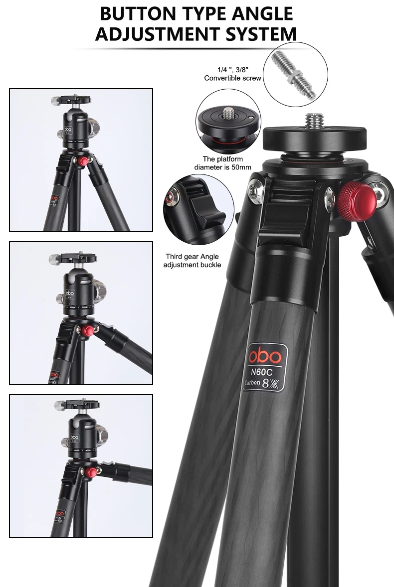 Flexible Lightweight Compact Travel Carbon Fiber Tripod Stand for DSLR Camera Waterproof Shockproof Bubble Level 10kg Load