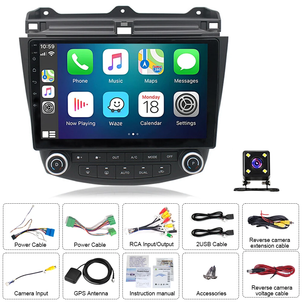 10in Android Car Multimedia Head Unit Radio 2+32G Touch Screen, Compatible with Accord 7th Gen 2003-2007, Support Wireless Carplay Android Auto, GPS Navigation Bluetooth WiFi FM RDS SWC DSP, Comes with Backup Camera
